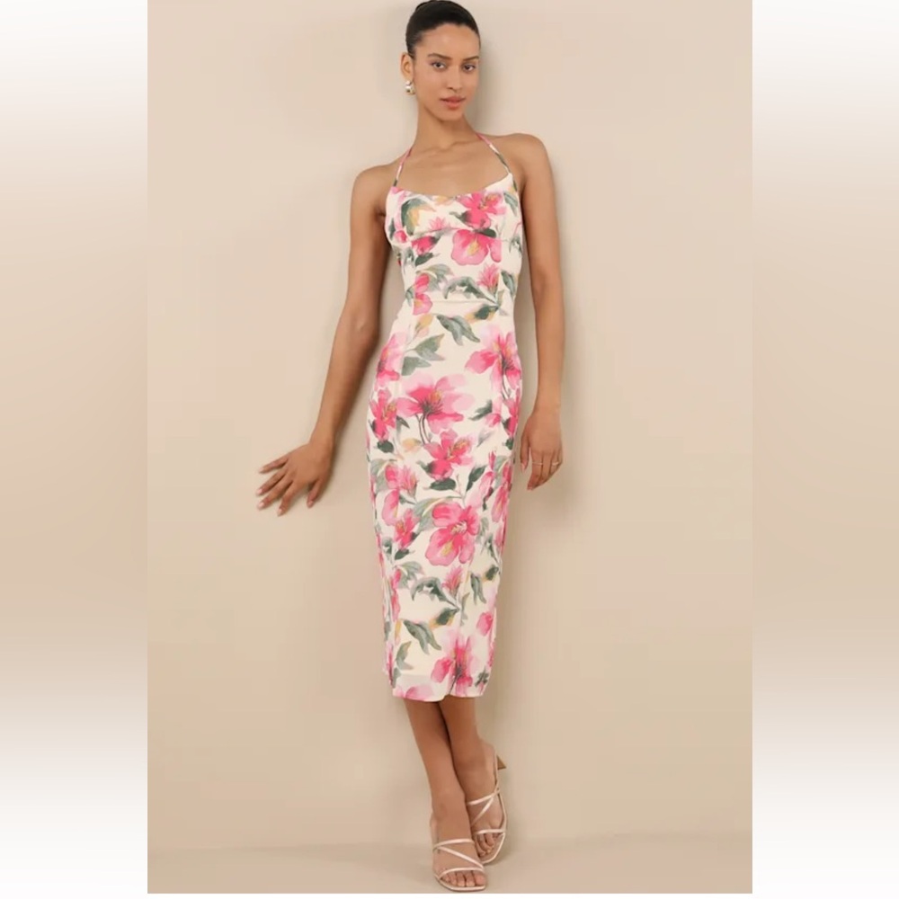 Lulus Yellow Floral Pink Floral Halter Midi Dress XS Easter Sundress